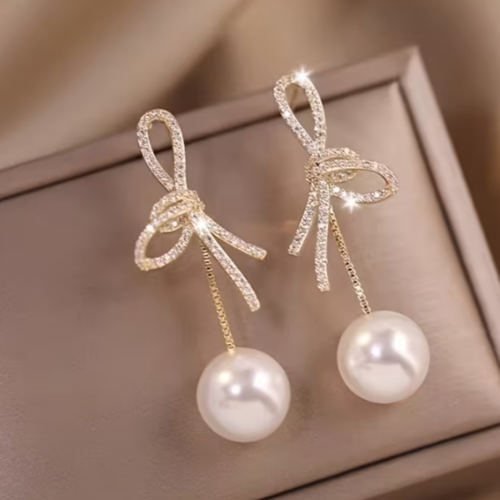 Crystal Bowknot Pearl Drop Earrings